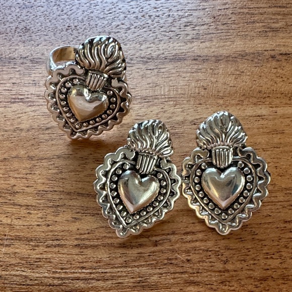Taxco Jewelry - Sterling Silver Sacred Heart Ring and Earring Set